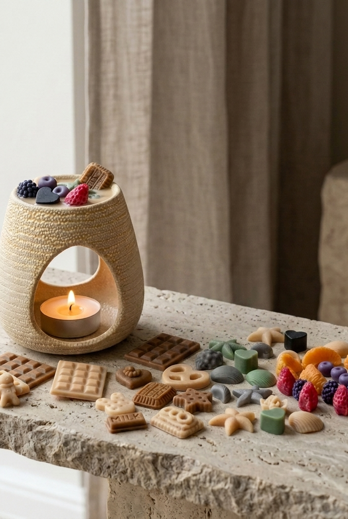 Arzător ceramic crem cu forme de ceară de soia topite, eliberând parfum în cameră