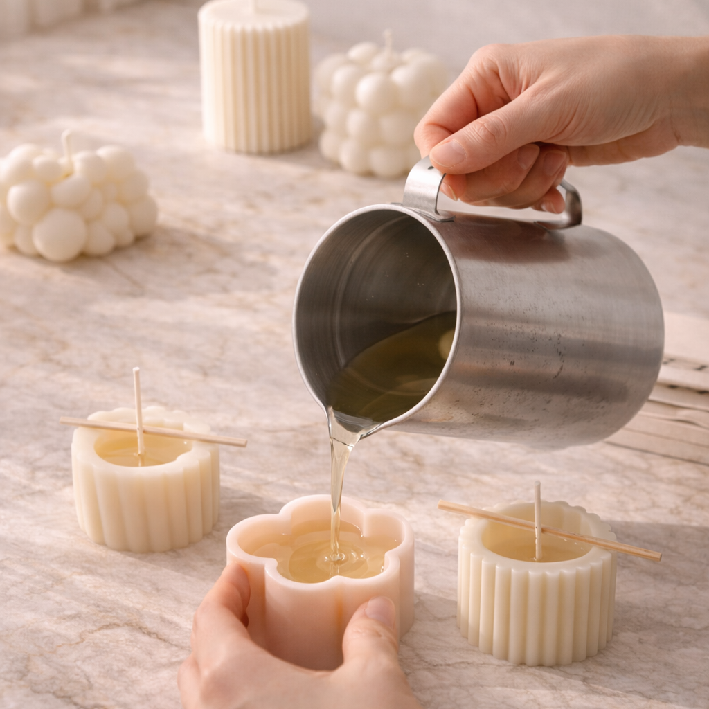 Ceară naturală de soia turnată manual în forme, în atelierul Luxora din Fălticeni