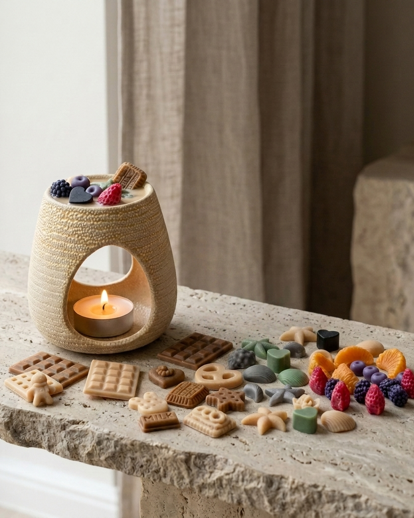 Arzător ceramic crem cu forme de ceară de soia topite, eliberând parfum în cameră