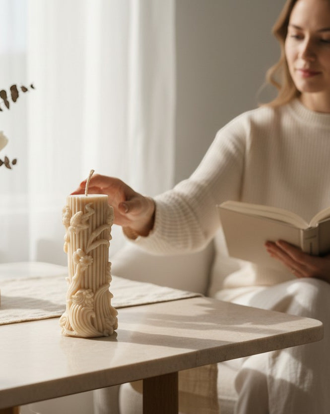 Luxora Candles Flora decorative candle with floral sculptural details, beige.