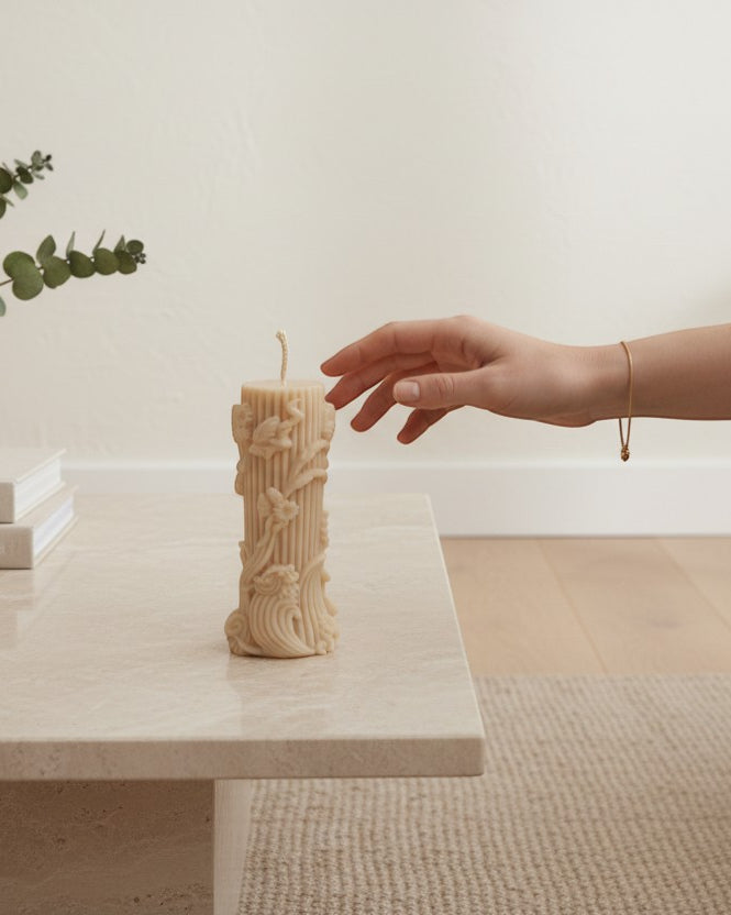 Luxora Candles Flora decorative candle with floral sculptural design, beige.