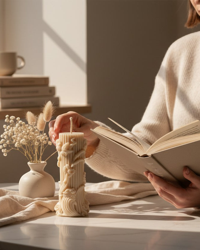 Luxora Candles Flora decorative candle with floral sculptural details and vertical ribbed texture, beige.