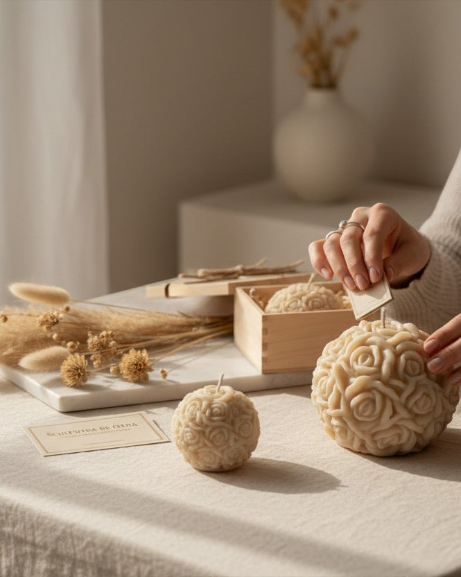Luxora Candles Rosalia decorative ball candle with sculpted roses, beige wax, ideal for home decor or gifts.