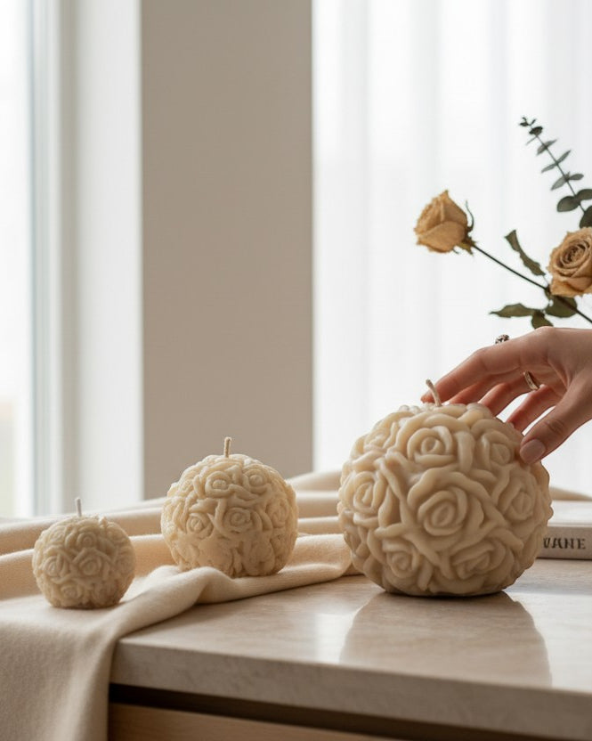 Luxora Candles Rosalia decorative ball candle with sculpted roses, beige wax, ideal for home decor or gifts.