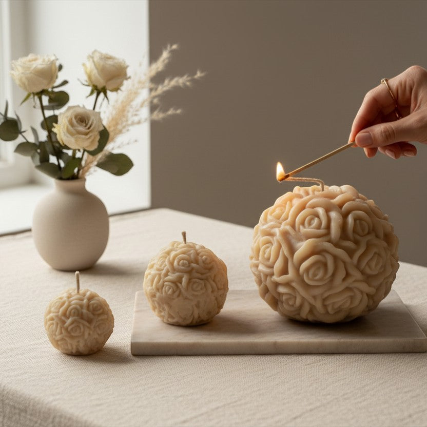 Luxora Candles Rosalia decorative ball candle with sculpted roses, beige wax, ideal for home decor or gifts.