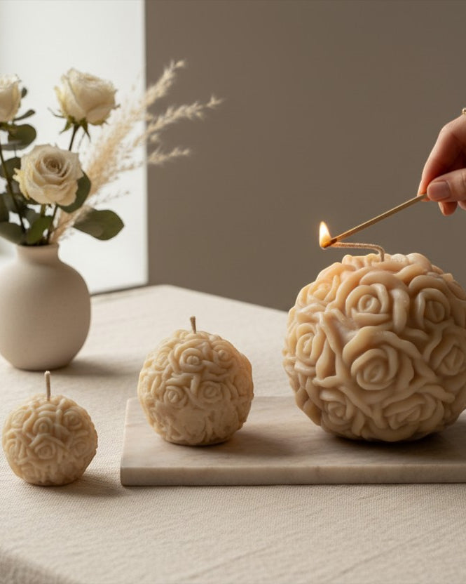 Luxora Candles Rosalia decorative ball candle with sculpted roses, beige wax, ideal for home decor or gifts.
