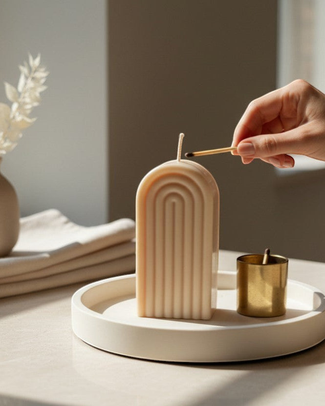 Luxora Candles Arcus decorative candle in a beige, arch shape with ribbed texture. Modern minimalist design.