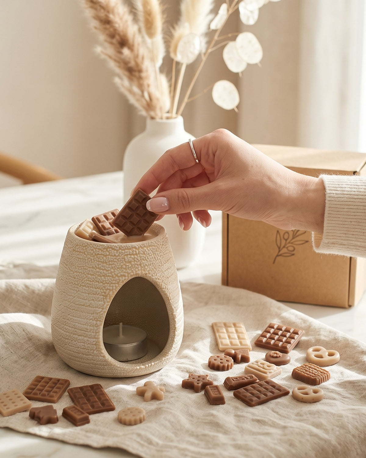 Wax melts Bloom, floral delicat, colecția Crème alături de arzătorul ceramic Luxora