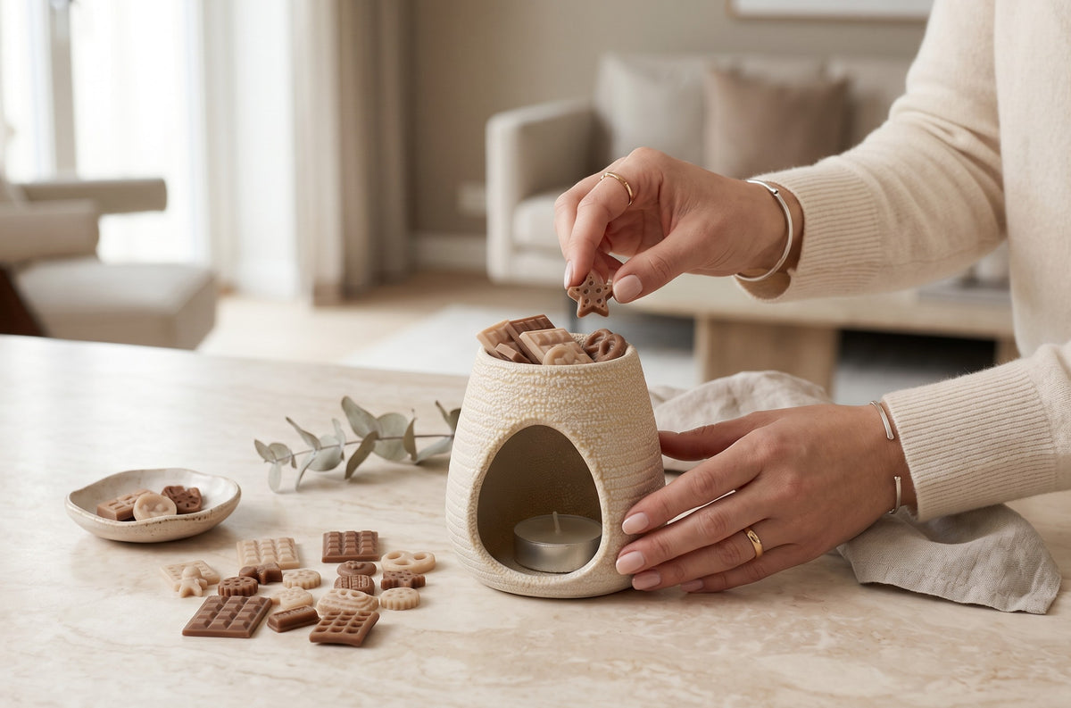 Wax melts Essence, bumbac curat, colecția Crème alături de arzătorul ceramic oval crem Luxora