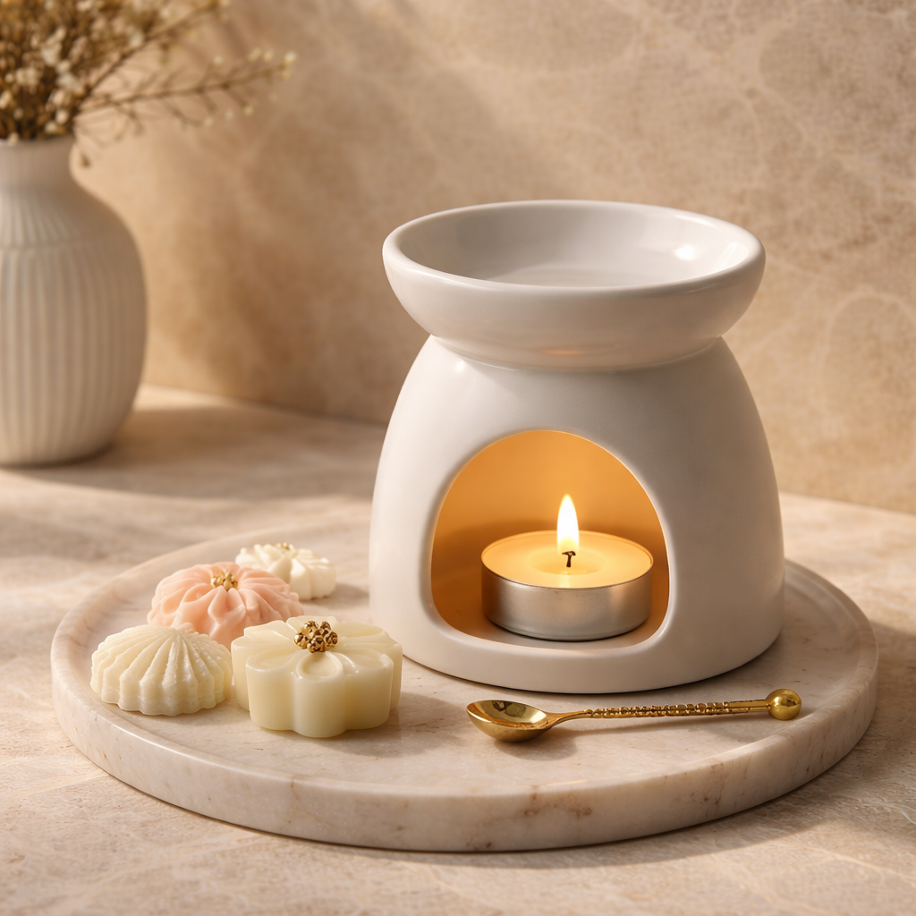 suport ceramic pentru wax melts cu lumânare tip pastilă, folosit pentru topirea parfumului ambiental