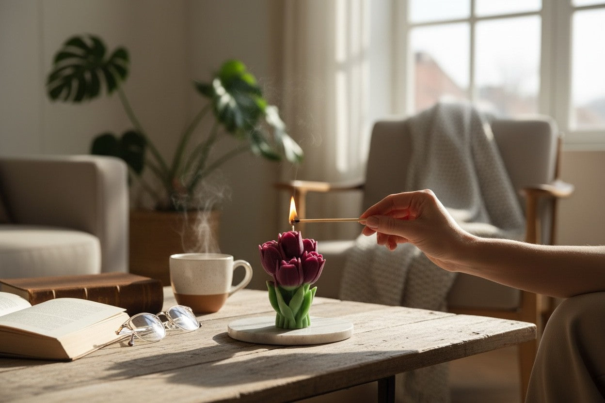 lumânare decorativă din ceară de soia Luxora aprinsă pe masă într-un decor interior cald