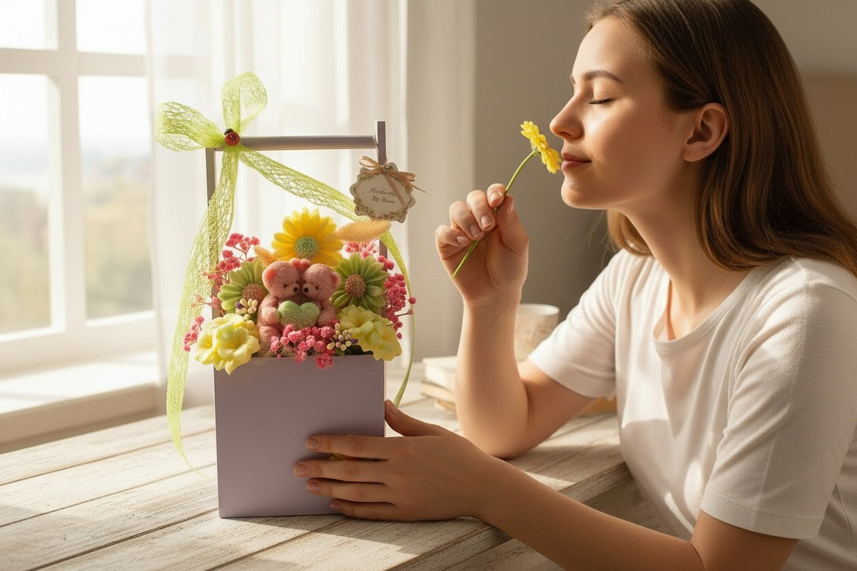buchet floral decorativ realizat manual din ceară parfumată de soia Luxora