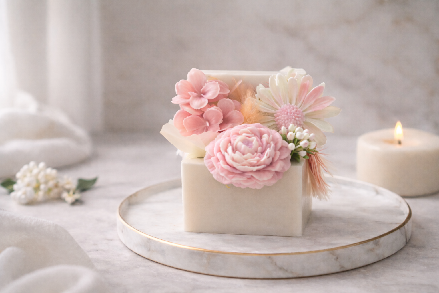 Lumânare decorativă handmade din ceară de soia, cu flori sculptate manual, design premium minimalist, pe fundal marble