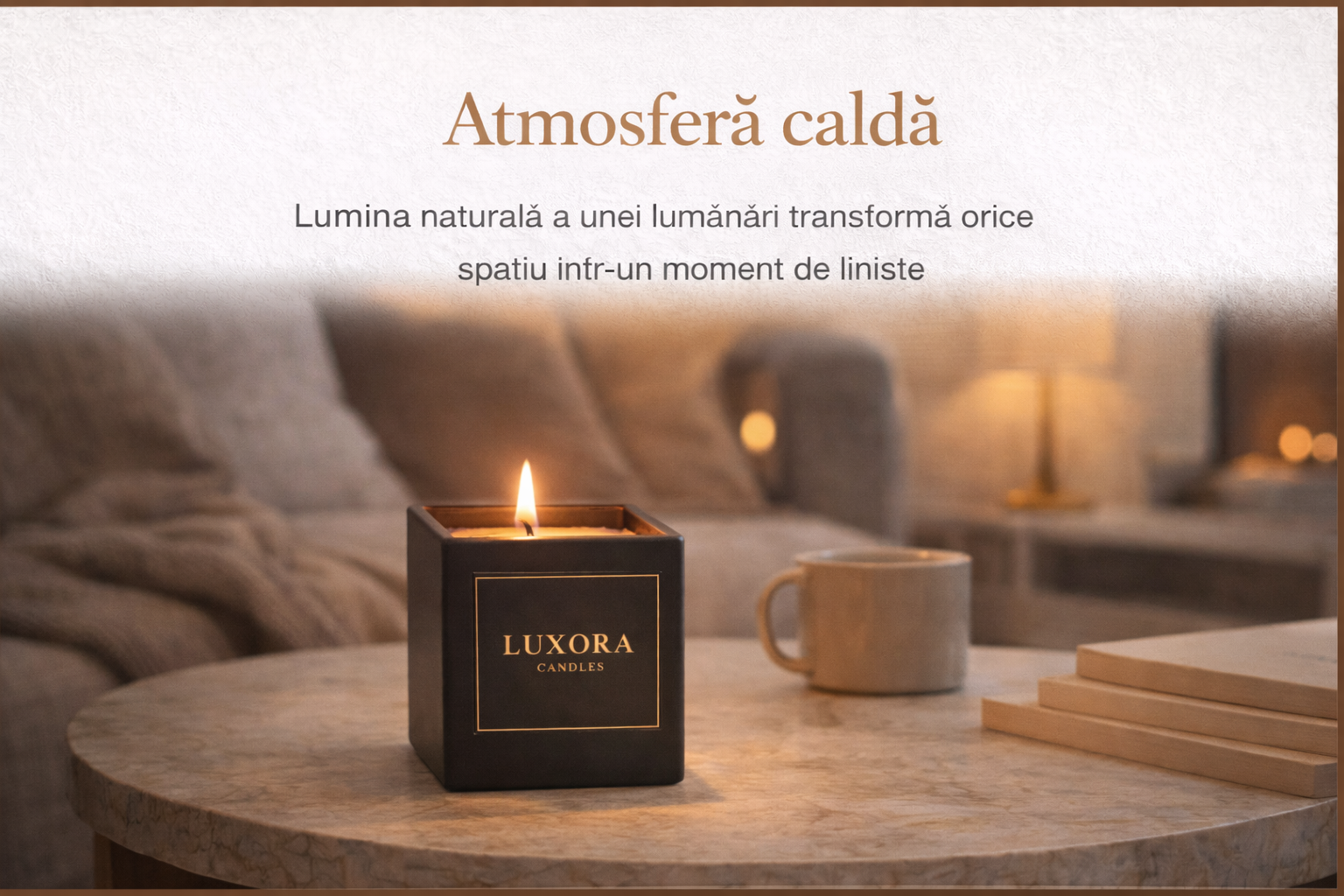lumânare parfumată din ceară de soia care creează o atmosferă caldă și relaxantă într-o cameră elegantă