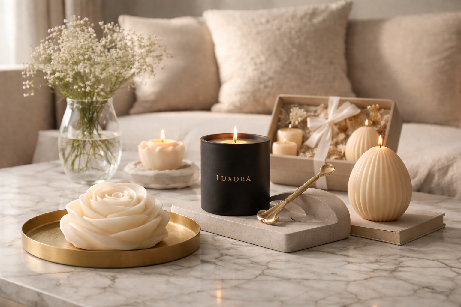 Lumânare decorativă handmade din ceară de soia, cu flori sculptate manual, design premium minimalist, pe fundal marble