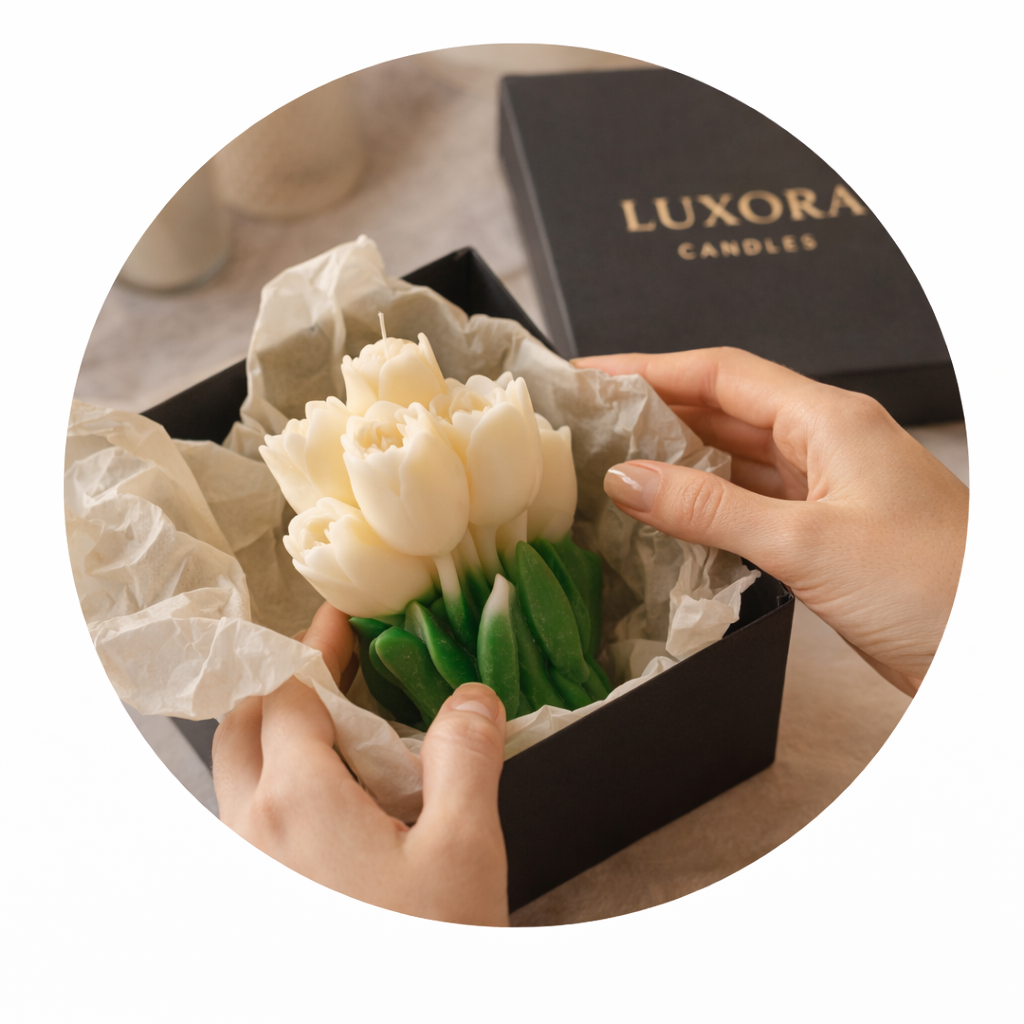 ambalarea elegantă a lumânărilor decorative Luxora pregătite pentru livrare