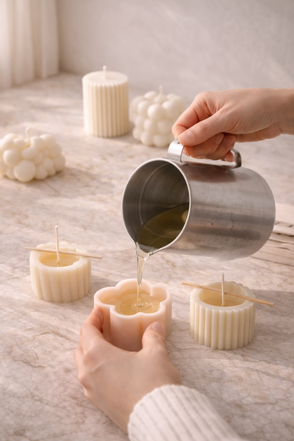 Ceară naturală de soia turnată manual în forme, în atelierul Luxora din Fălticeni