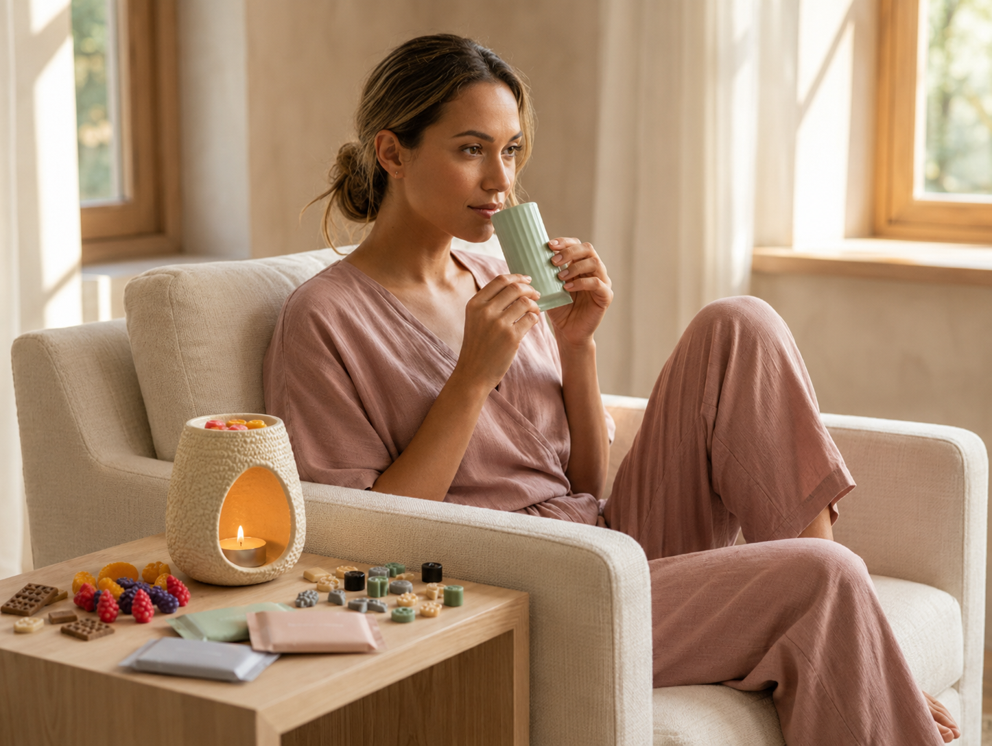 Wax melts, lumânări parfumate și arzător ceramic cu lumanarea pastila aprins Luxora, într-un interior cald cu o persoană care se relaxează.