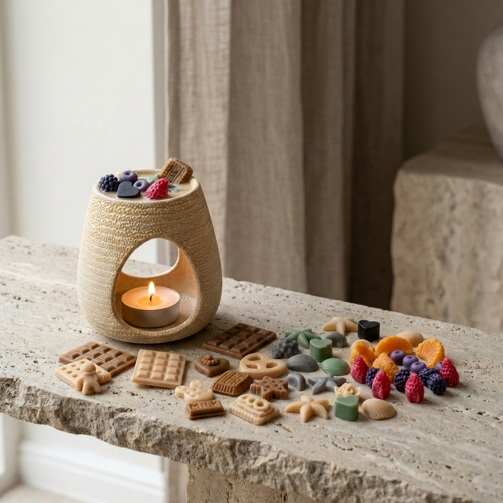 Arzător ceramic crem cu forme de ceară de soia topite, eliberând parfum în cameră