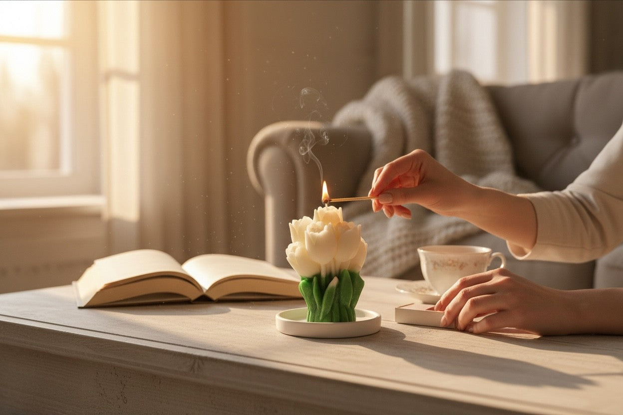 lumânare decorativă în formă de lalea din ceară de soia aprinsă într-un decor elegant