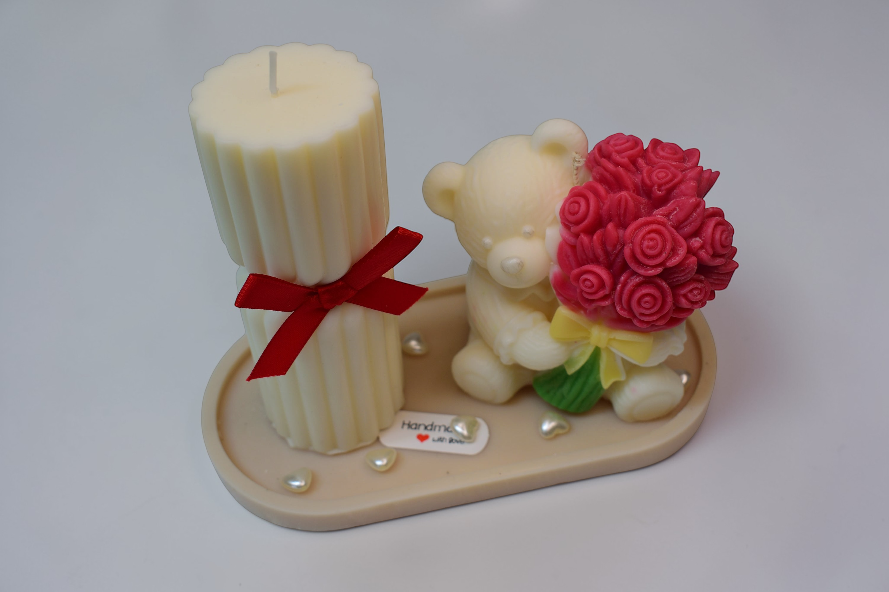 Set decorativ – urs cu buchet și lumânare cilindrică