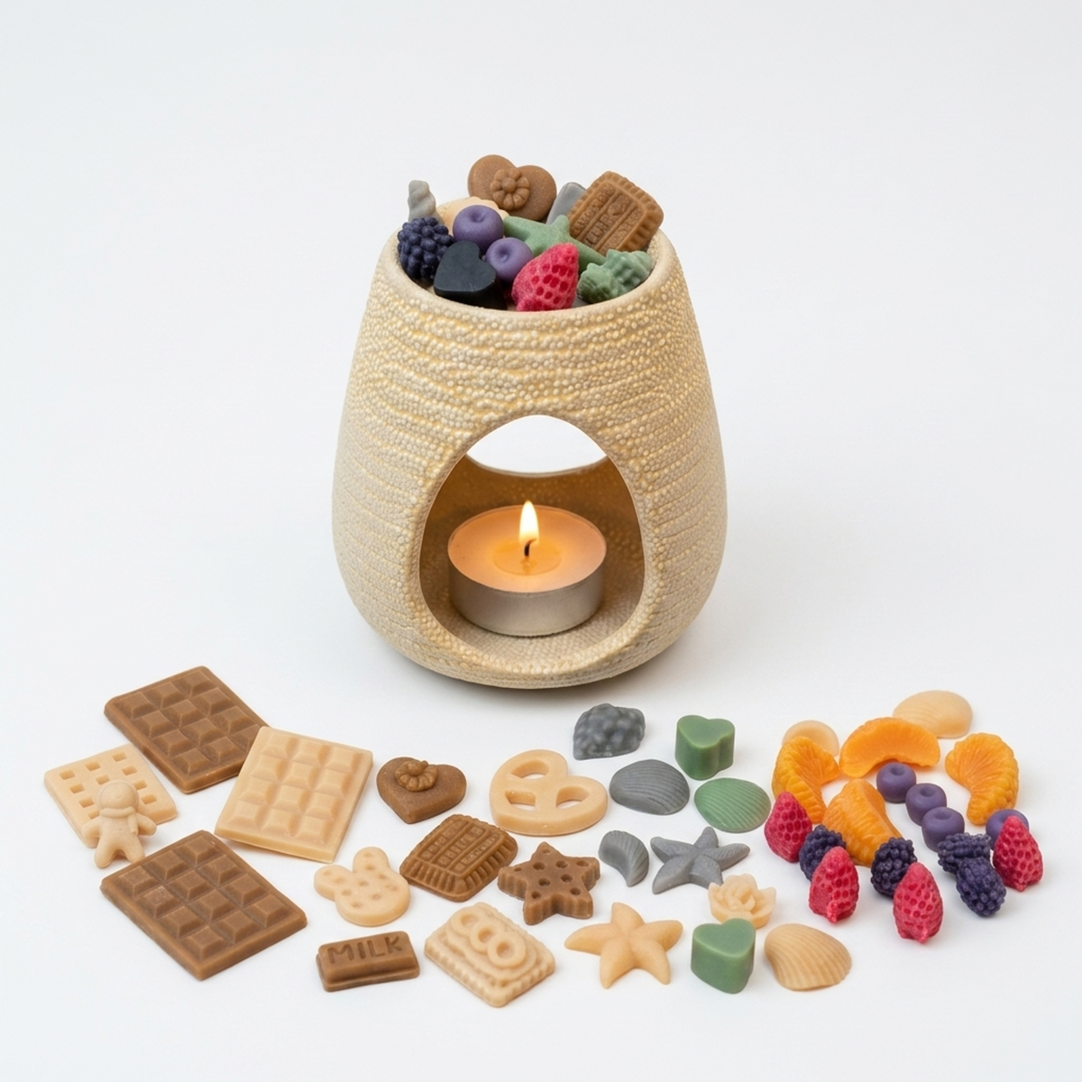 Kit Wax Melts Luxora cu arzător ceramic oval crem și patru pungi de forme parfumate din ceară de soia
