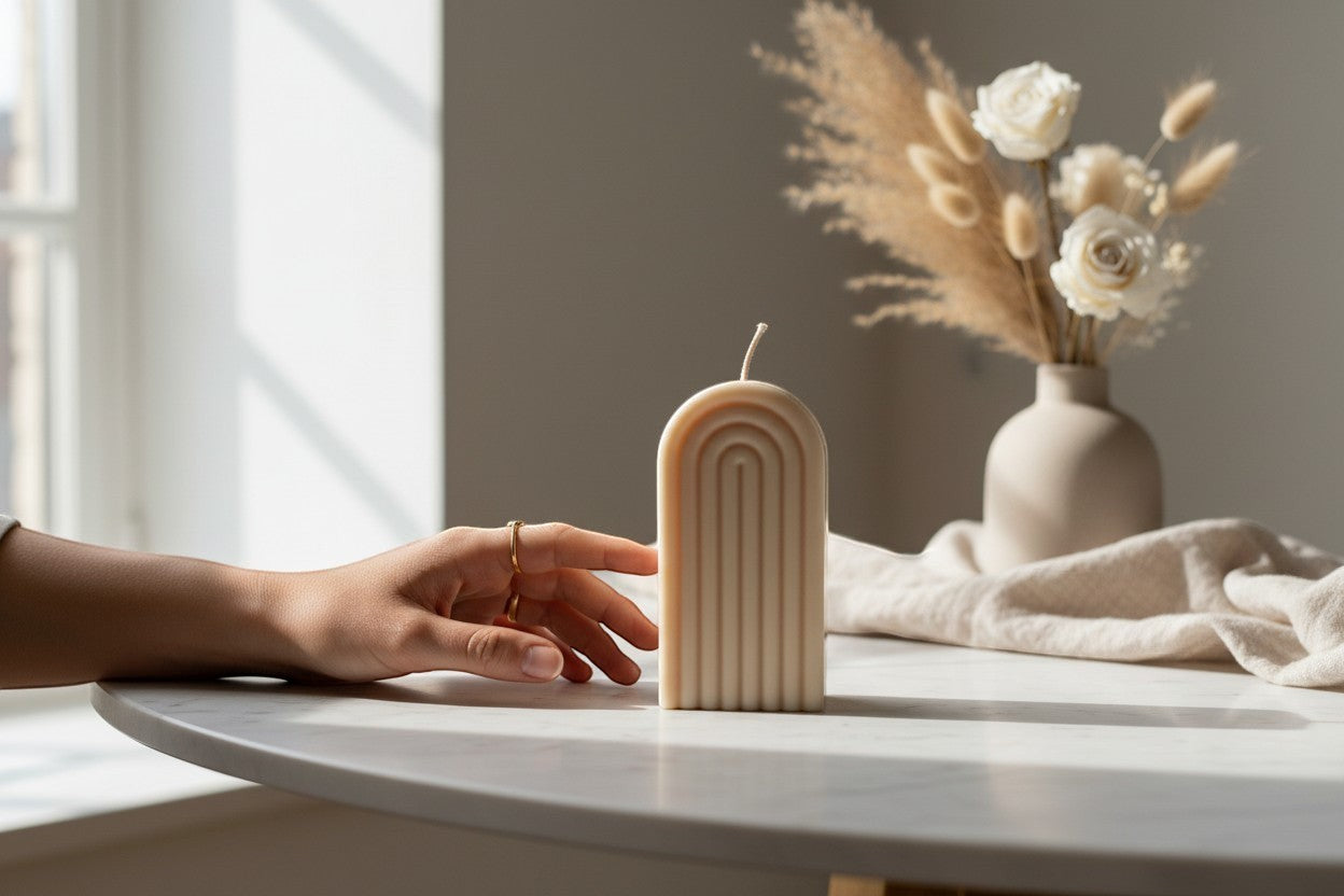 Luxora Candles Arcus decorative candle in a beige, arched, ribbed design. Modern, minimalist style.