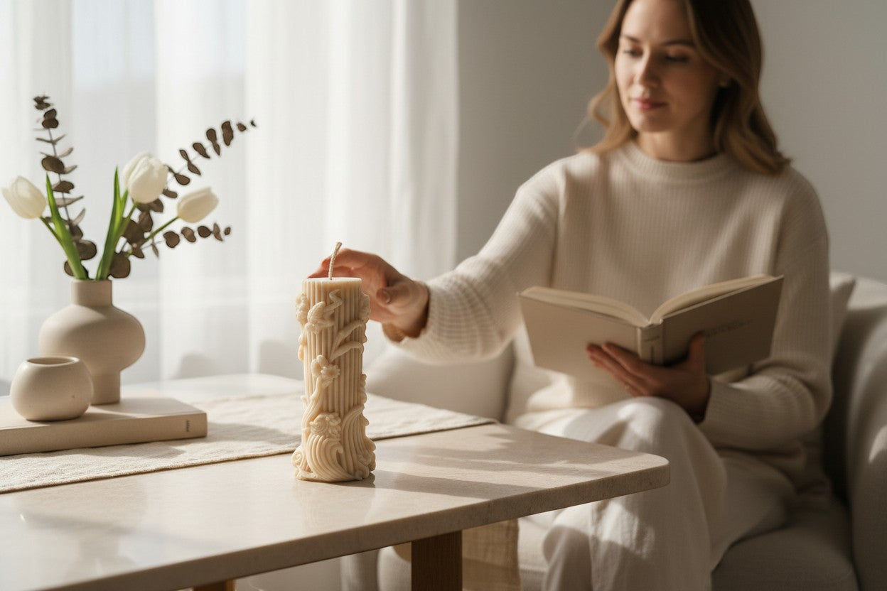 Luxora Candles Flora decorative candle with floral sculptural details, beige.