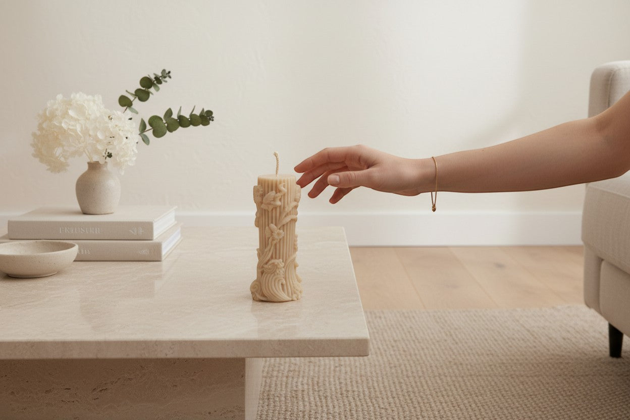 Luxora Candles Flora decorative candle with floral sculptural design, beige.