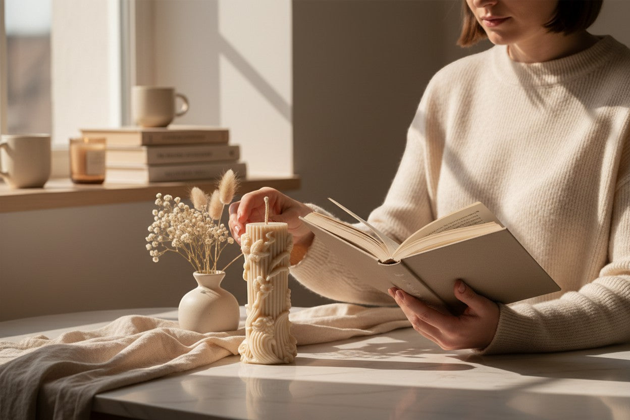 Luxora Candles Flora decorative candle with floral sculptural details and vertical ribbed texture, beige.
