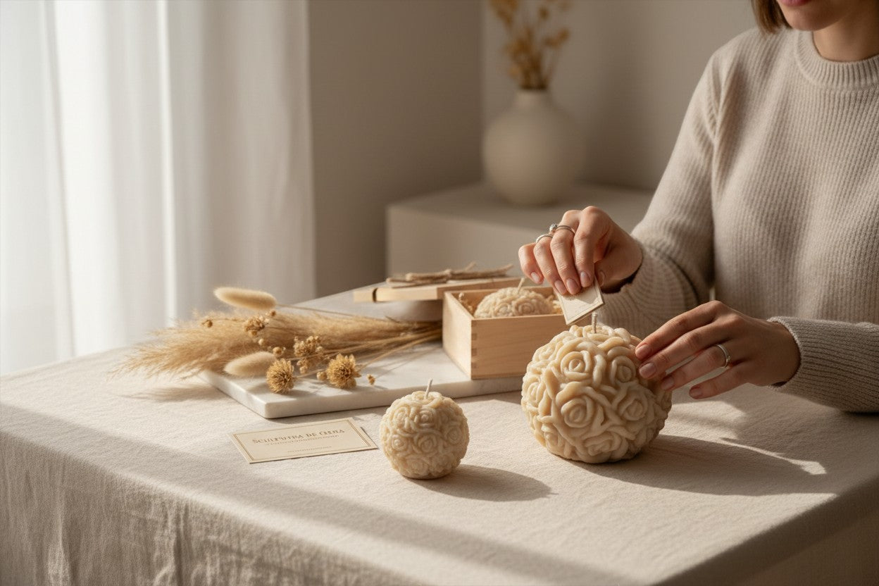 Luxora Candles Rosalia decorative ball candle with sculpted roses, beige wax, ideal for home decor or gifts.