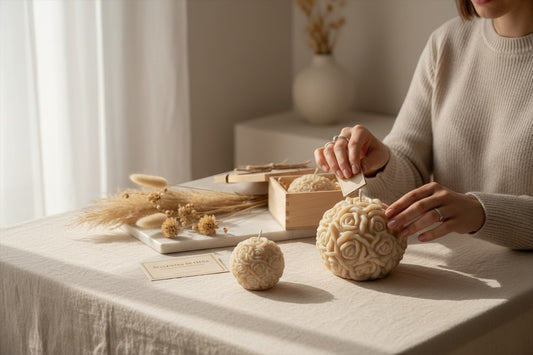 Luxora Candles Rosalia decorative ball candle with sculpted roses, beige wax, ideal for home decor or gifts.