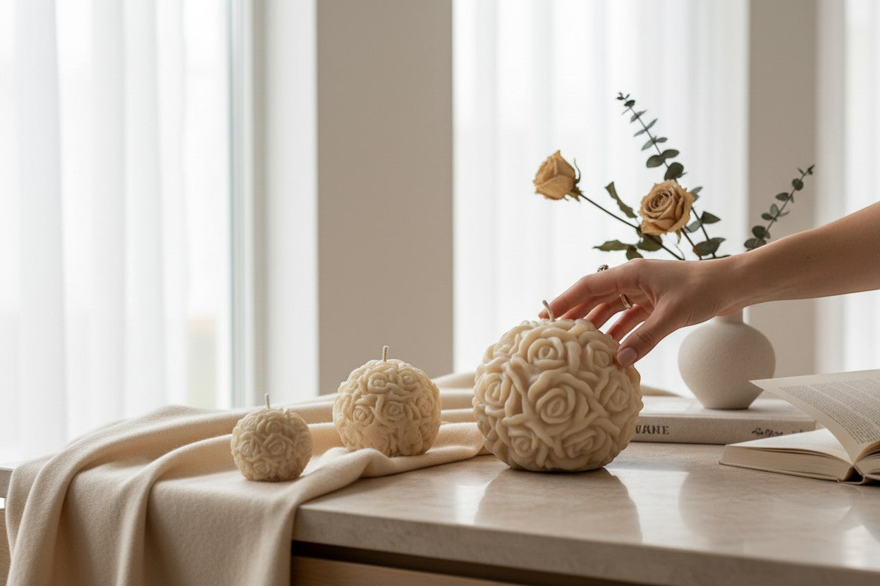 Luxora Candles Rosalia decorative ball candle with sculpted roses, beige wax, ideal for home decor or gifts.