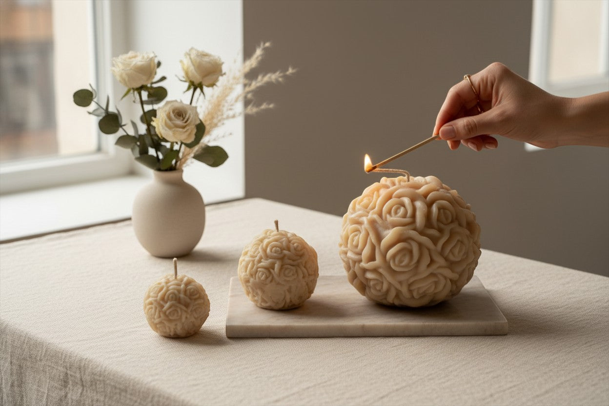 Luxora Candles Rosalia decorative ball candle with sculpted roses, beige wax, ideal for home decor or gifts.