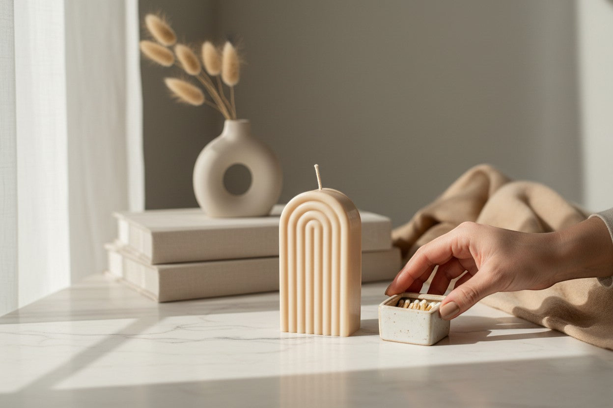 Luxora Candles Arcus decorative candle in a beige, arched, fluted design. Modern, minimalist, sculptural style.