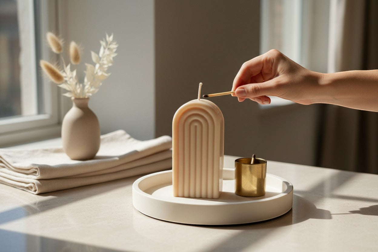 Luxora Candles Arcus decorative candle in a beige, arch shape with ribbed texture. Modern minimalist design.