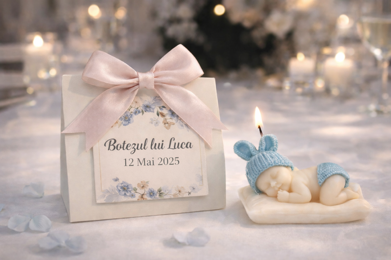 mărturie botez lumânare bebeluș din ceară cu cutie personalizată și fundă elegantă