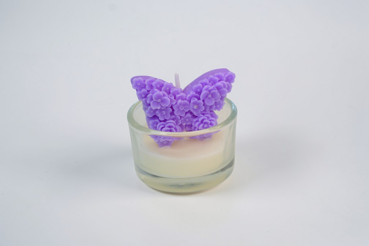Mărturie de botez, lumânare cu fluture în recipient de sticlă, ceară de soia, Luxora Candles