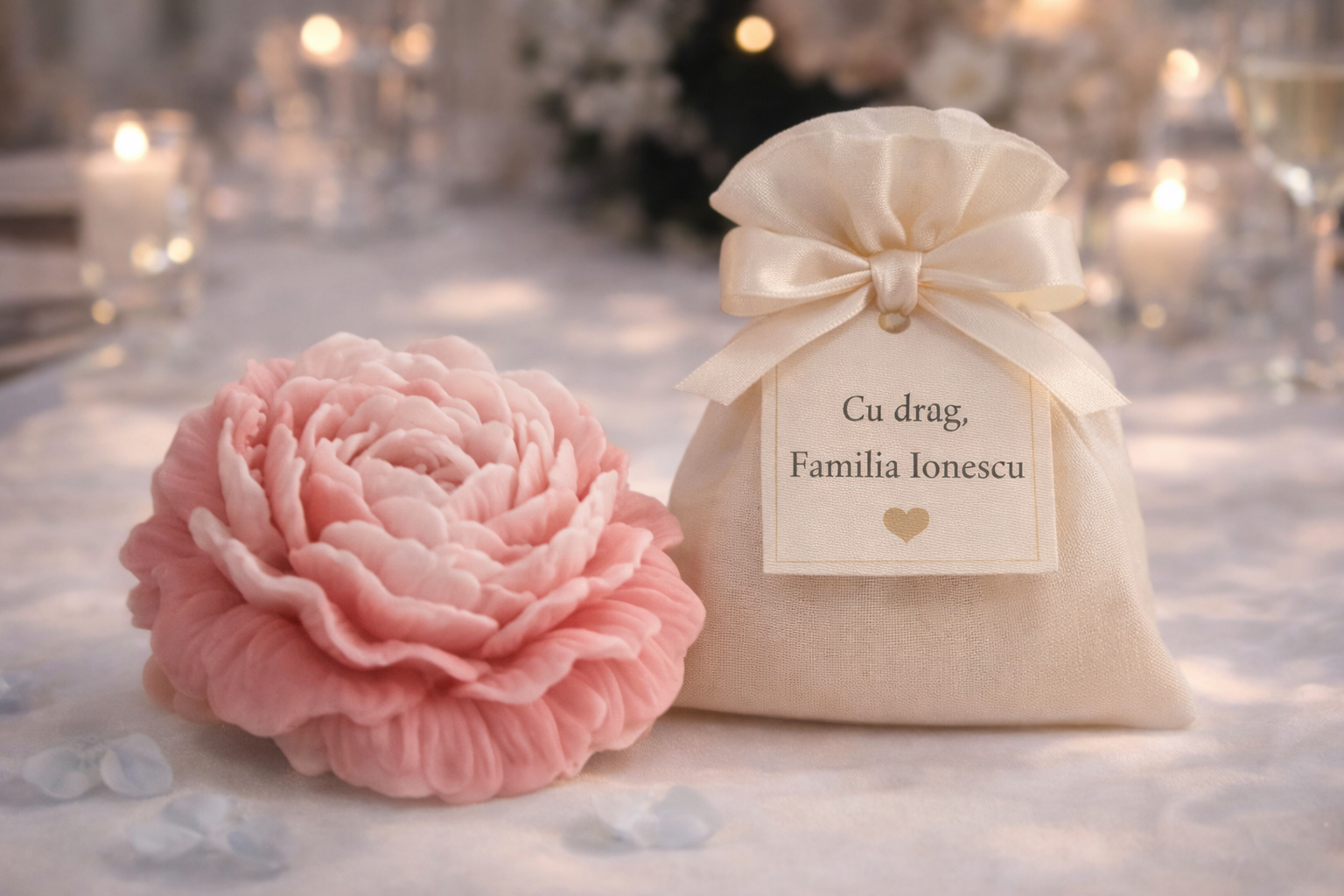 mărturie nuntă lumânare floare bujor roz cu săculeț elegant pentru invitați