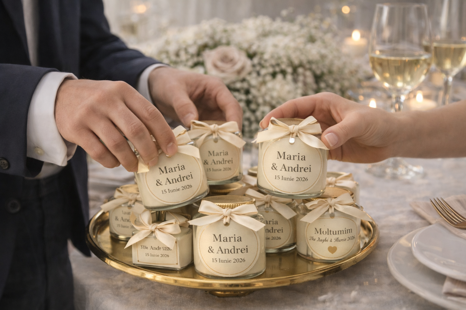 mărturii nuntă lumânări parfumate în borcănele cu etichete personalizate pentru invitați