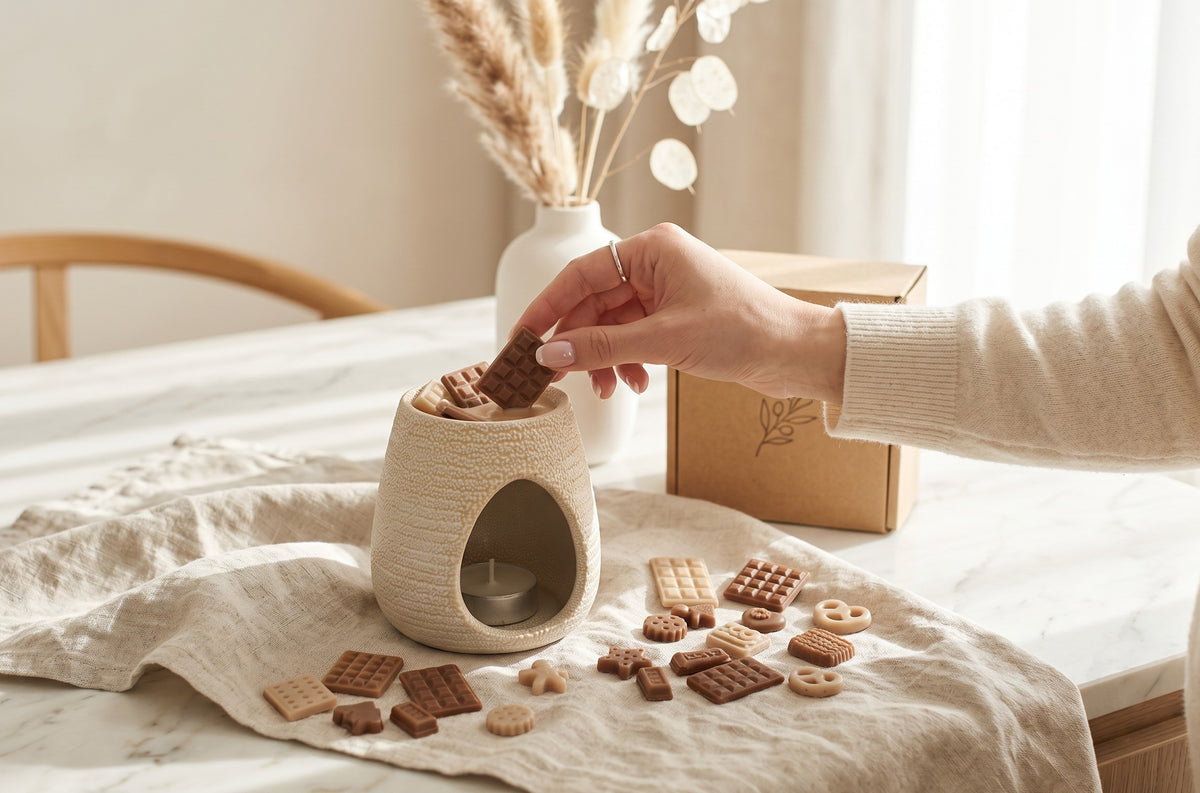 Wax melts Bloom, floral delicat, colecția Crème alături de arzătorul ceramic Luxora