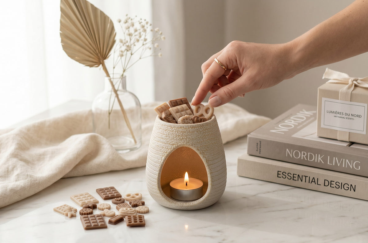 Wax melts Velvet, cald și catifelat, colecția Crème alături de arzătorul ceramic Luxora
