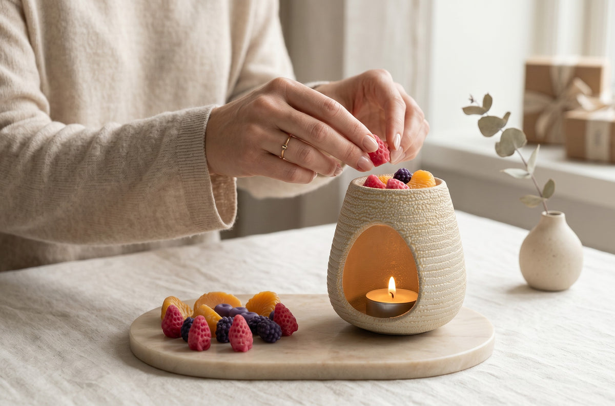 Wax melts Velvet colecția Nectar, căpșuni și felii de portocală lângă arzătorul ceramic crem